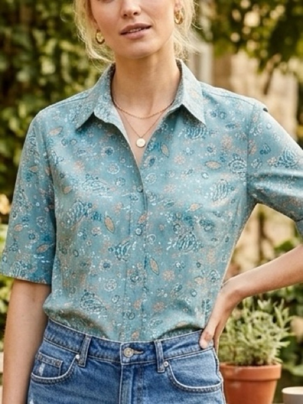 Vintage Paisley Button-Down Shirt in Teal Green